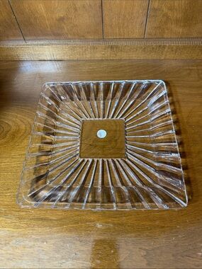 Clear Square Glass Serving Platter - Ribbed Sunburst Design